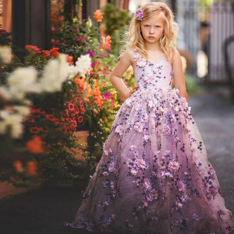 gorgeous fluffy flower girl dresses with 3d floral applique laceup back girls birthday dress v neck toddler pageant gowns
