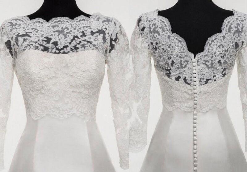 New White Ivory Appliques Wedding Jackets Shrugs Wraps Lace Bridal Boleros V-Back Buttons 3/4 Sleeve Custom Made Jacket