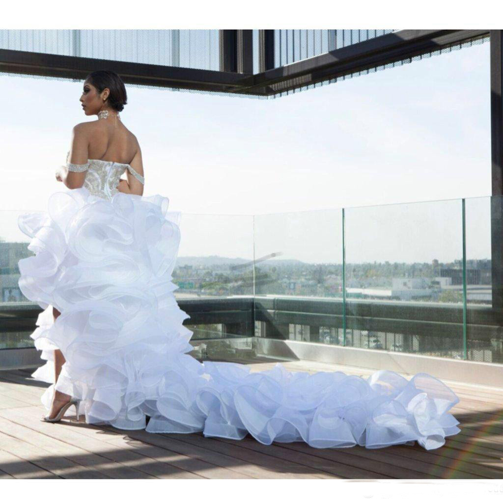 Luxurious Split High Low Ruffle Wedding Dresses Lace Organza Tiers Arabic Middle East Plus Size vestido de noiva Bridal Gown Ball For Bride