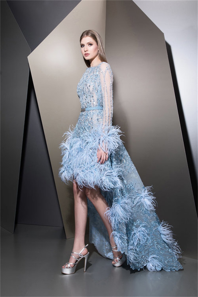 Ziad Nakad 2020 Feather Prom Dresses Lace Appliqued High Low Beaded Long Sleeves Evening Gowns Vestido Longo Abendkleider