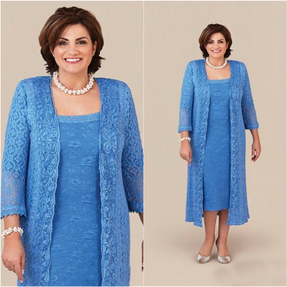 Elegant Plus Size Blue Lace Mother Of The Bride Dresses With Long Jacket 2 Pieces Women Tea Length Long Sleeve Wedding Guest Dress