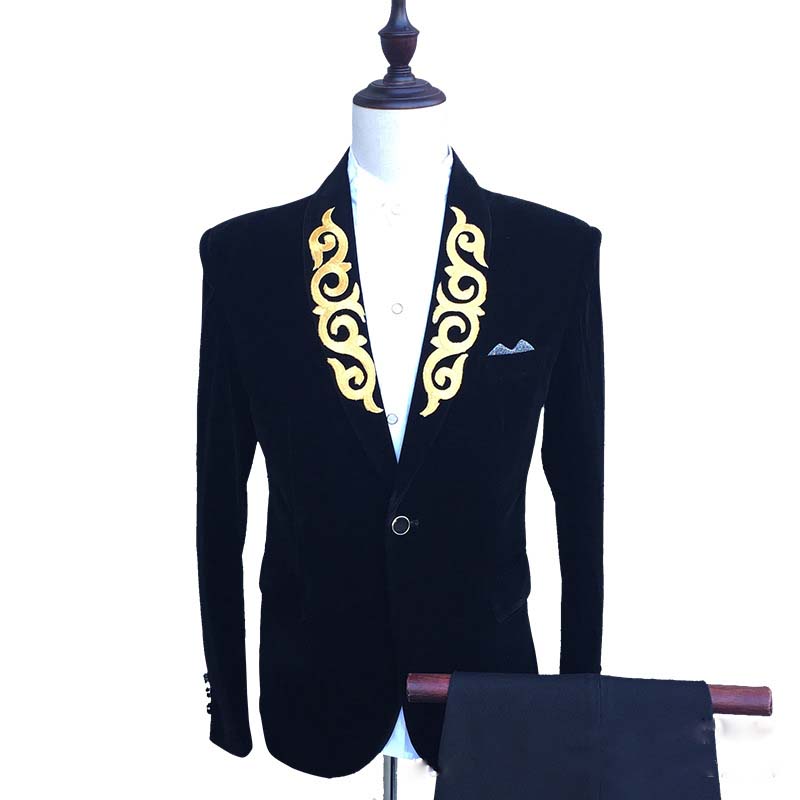 2019 Embroidery Velvet Mens Designer Jackets Shawl Lapel Black Burgundy Blue Groom Tuxedos Men Suits In Stock
