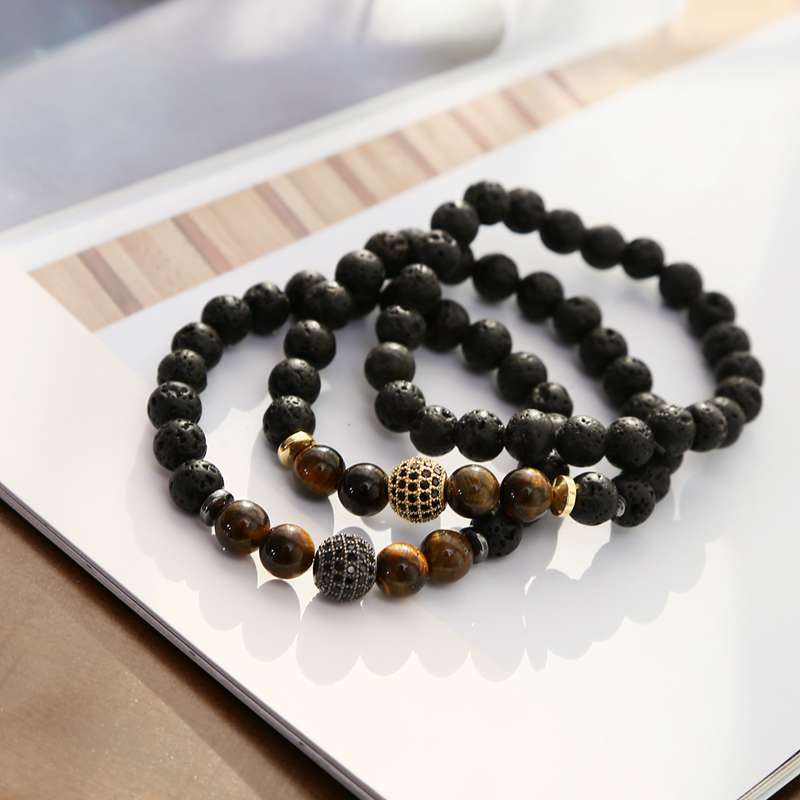 Men's and women's beads bracelet elastic natural stone yoga bracelet bracelet volcanic lava rock round loose beads natural stone rock ball D
