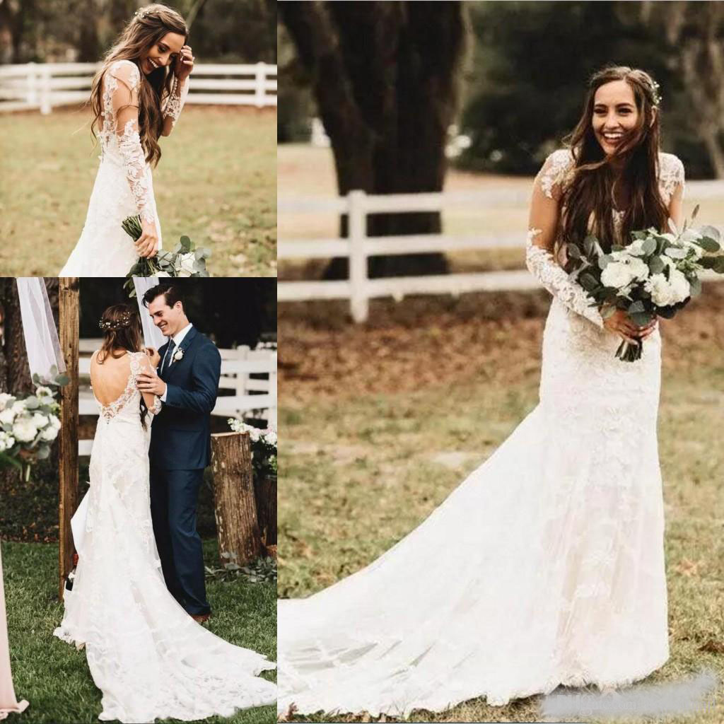 2020 Summer Boho Wedding Dresses With Long Sleeves Backless V-neck Court Train Beach Bridal Gowns Formal Dresses For Bohemian Wedding Gowns