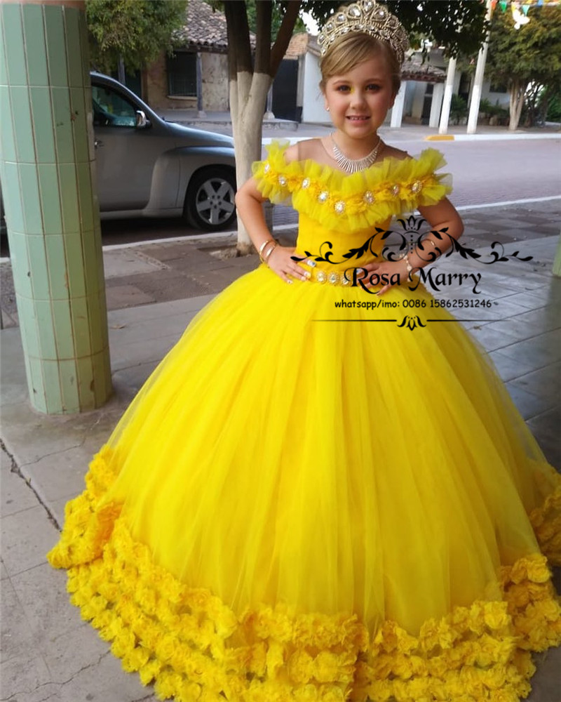 Princess Yellow 3D Floral Girls Pageant Dresses 2020 Ball Gown Crystals Off Shoulder Girls Birthday Prom Party Gowns For Toddlers Kids