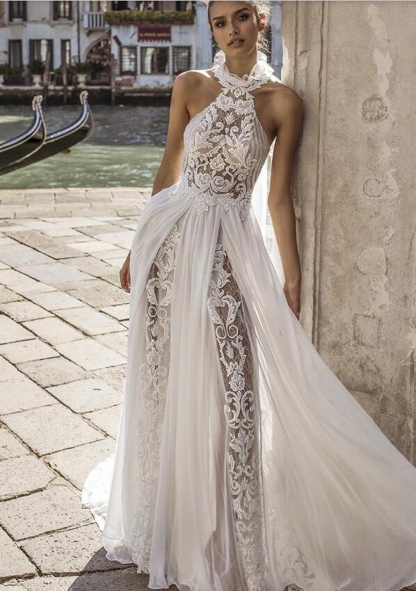 2019 Bohemia Wedding Dresses High Neck Lace Appliqued Chiffon Skirts Illusion Bodice Beach Wedding Dress Sweep Train Plus Size Bridal Gowns