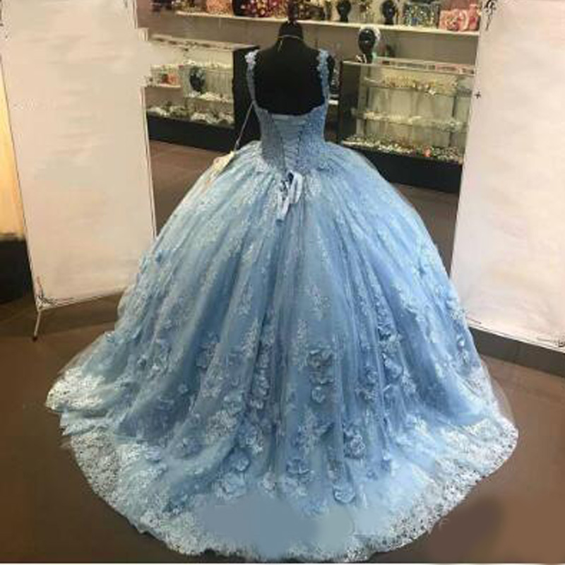 Bahama Blue Floral Lace Sweet 16 Dresses Ball Gowns Prom Off Shoulder Lace Beaded Hand Made Flowers Quinceanera Dress Sweet 15 Girls