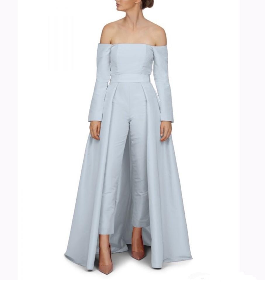 Elegant Women Long Light Blue Jumpsuit Prom Dresses with Detachable Train Plus Size Vestido De Festa Satin Formal Party Evening Gowns
