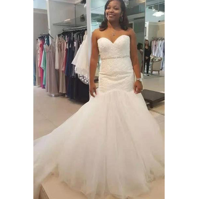 Plus Size Mermaid Sweetheart Wedding Dress with Lace Beads 2020 Sweep Train Wedding Gowns White Ivory