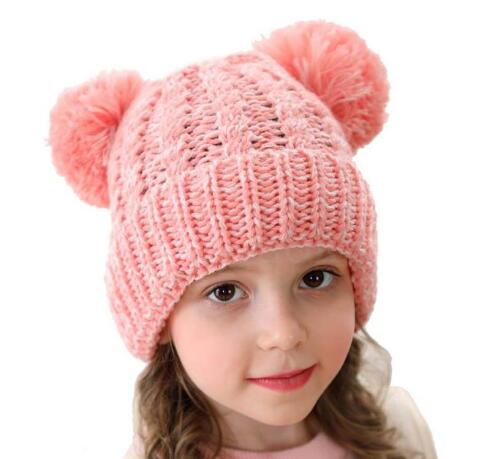 Kid Knit Crochet Beanies Hat Girls Soft Double Balls Winter Warm Hat 13 Colors Outdoor Baby Pompom Ski Caps GB1559