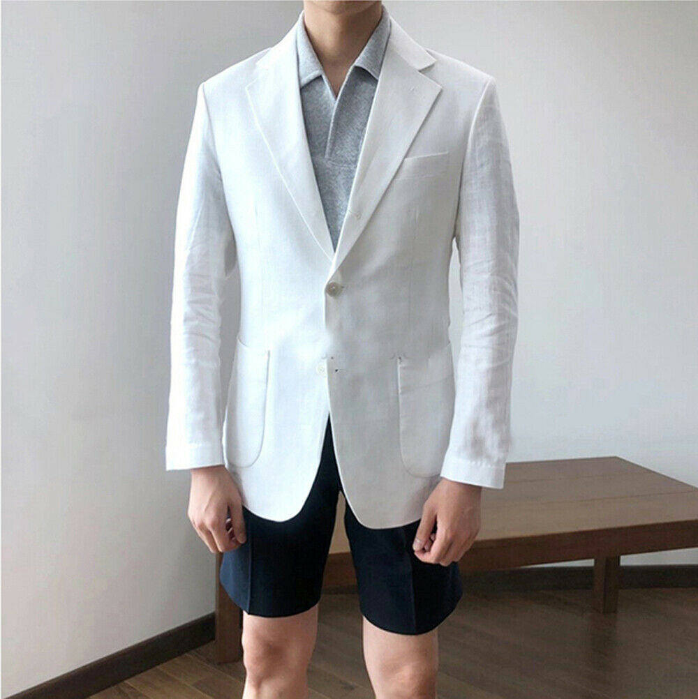 White Linen Men Tuxedos Groom Wedding Suits Peaked Lapel Beach Best Man Wear Slim Fit Prom Party Blazer Jacket Only One Piece