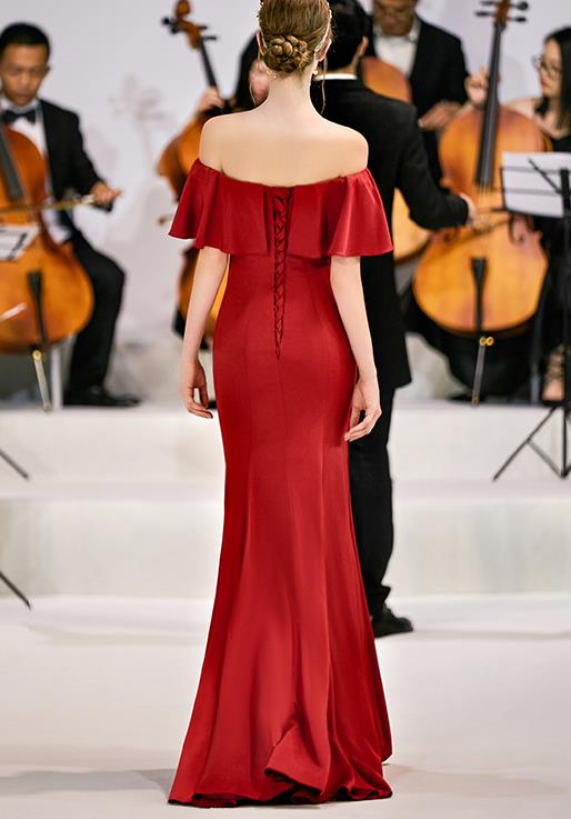 Elegant Dark Red Evening Dress Soft Satin New Slim Mermaid Long Banquet Off Shoulder Lace-up Back Formal Prom Dresses In Stock