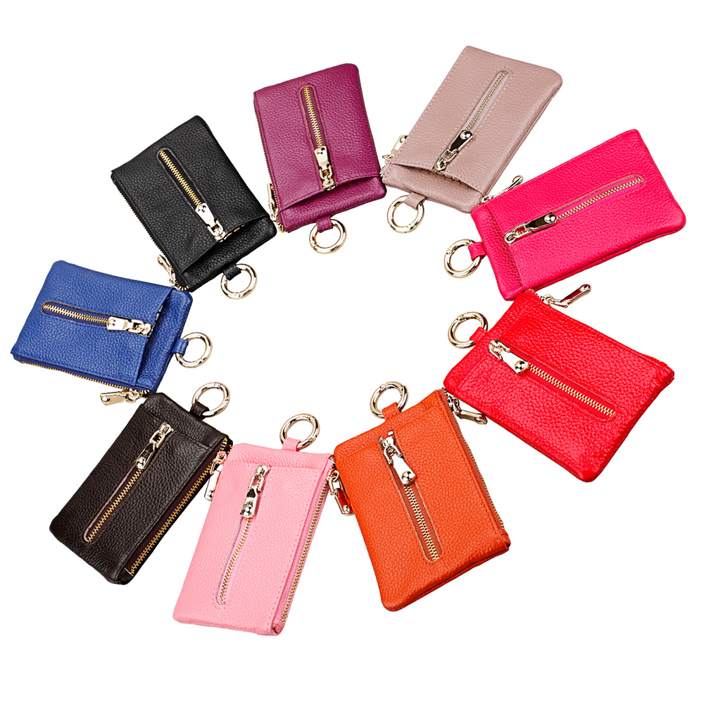 

Genuine Leather Mini Keys Wallet Women Men Cowhide Zipper Coin Purses Credit Card Pouches Keychains Holders Short Wristlet Clutch Wallets, 9 colors for choice