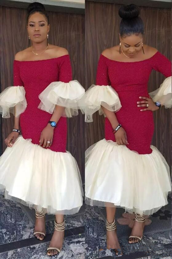 South African Burgundy Mermaid Prom Dresses Off The Shoulder Trumpet Half Sleeve Tea Length Evening Gowns Bridesmaid Party Dress