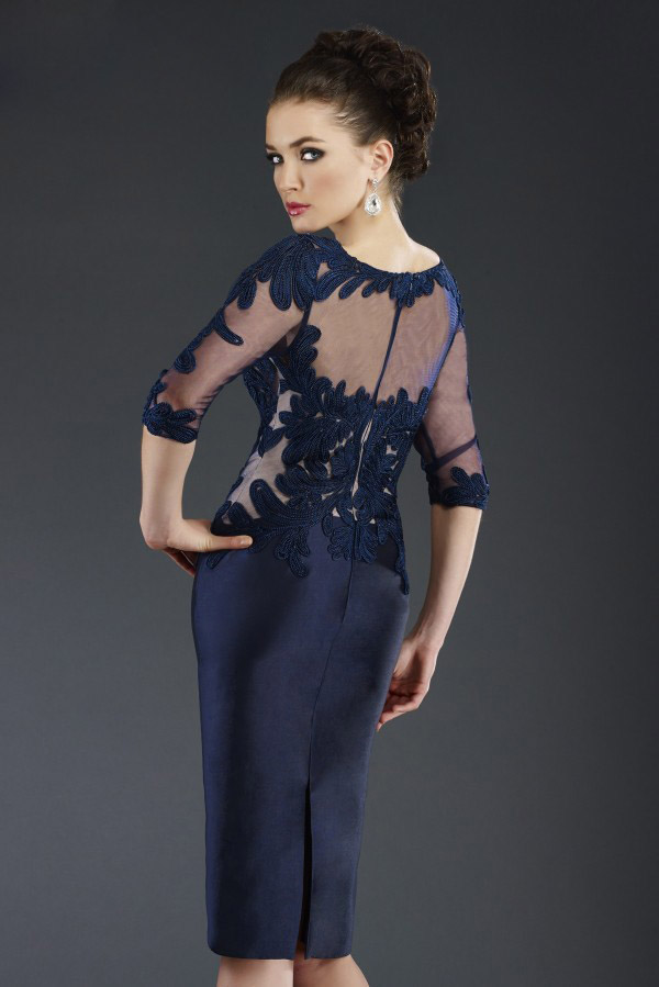 Navy Blue Janique Sheath Mother of The Bride Dresses Jewel Half Sleeve Lace Applique Wedding Guest Dress Knee Length Evening Gowns