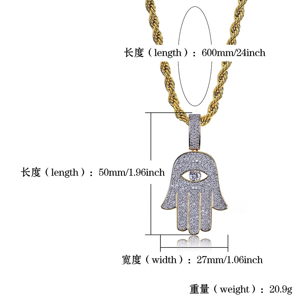 New Fashion 18K Gold Plated Copper Iced Out Fatima Hand Pendant Necklace Chain CZ Zirconia Vintage Talisman Jewelry Gifts for Men and Women