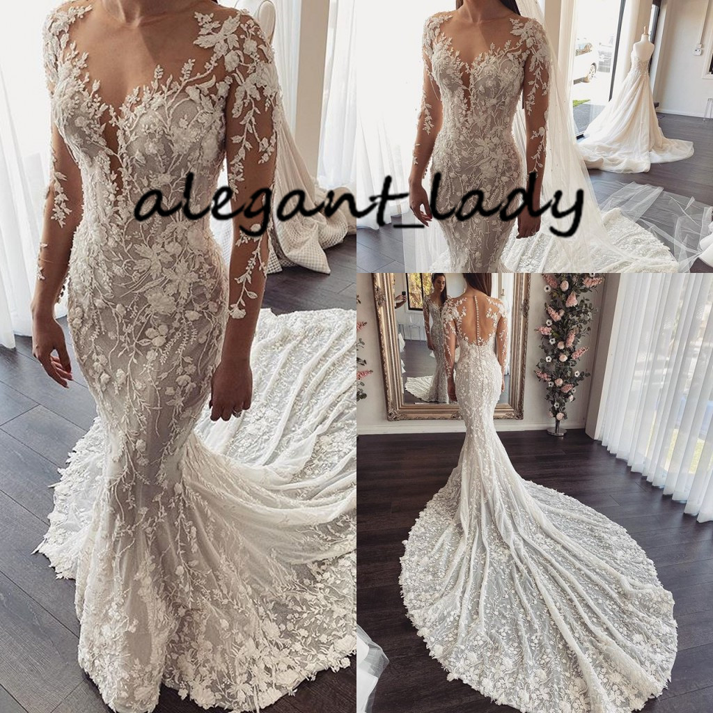 Luxury Mermaid Beach Wedding Dress with Long Sleeve 2020 Full Lace Embroidery Chapel Train Arabic Dubai Muslim Bride Gown Traine Mariage
