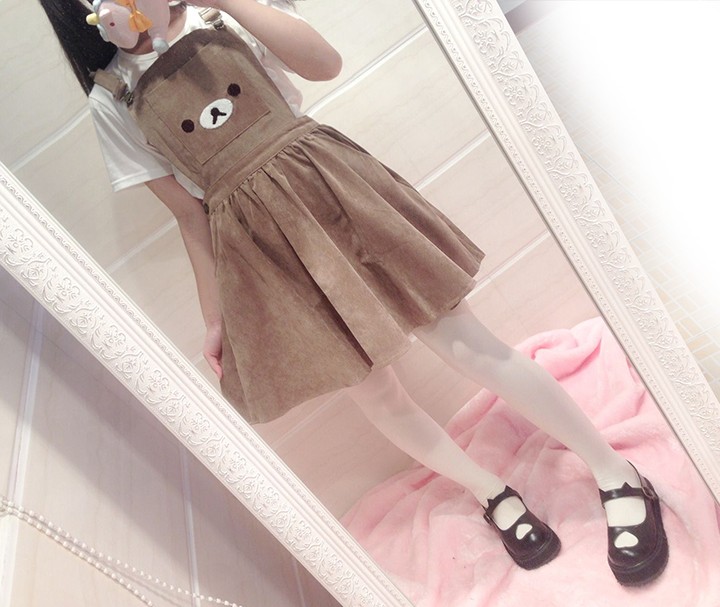 Girl overalls Women039s Kawaii Rilakkuma Dress Cute Bear Embroidery Cosplay Dress Lolita Overall Detachable Hood28016958230235