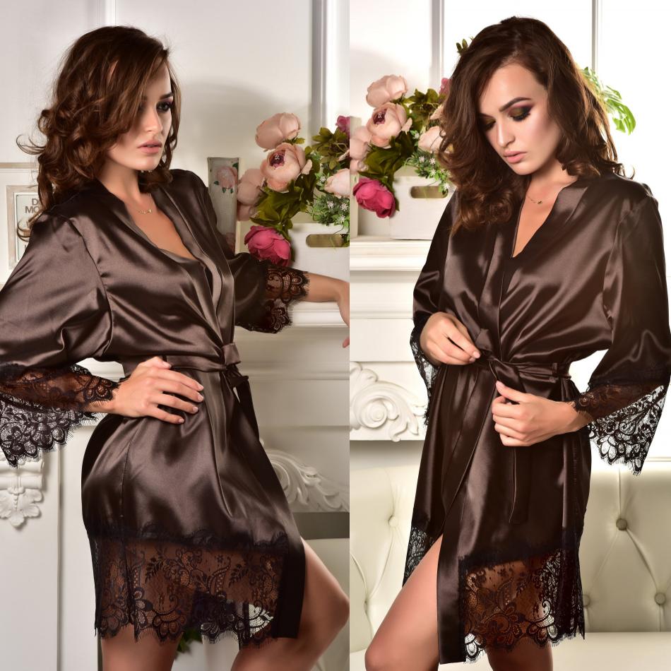 2019 Sexy Silk Nightwear Women Long Sleeve Lace Night Robes Custom Made Hot Sale Sleepwear Dresses