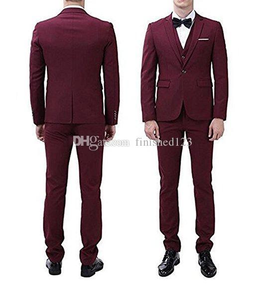 New Popular Back Vent One Button Wine Groom Tuxedos Notch Lapel Men Suits Wedding/Prom/Dinner Best Man Blazer (Jacket+Pants+Vest+Tie) W225