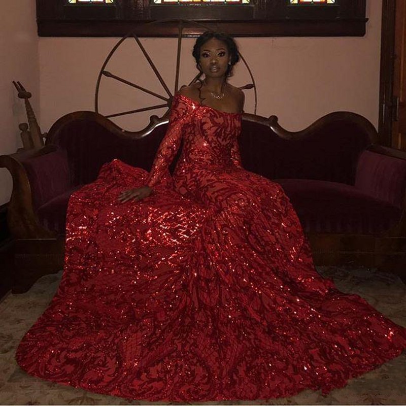 Full Sequin Red African Prom Dresses Off The Shoulder Mermaid With Long Sleeve Plus Size Evening Gowns For Pageant Reflective Dress