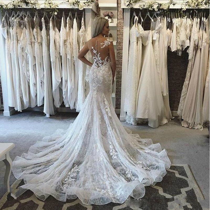 Slim Mermaid Wedding Dresses Sheer Neck Lace Appliques Bridal Gowns Illusion Button Back Sweep Train Wedding Dress