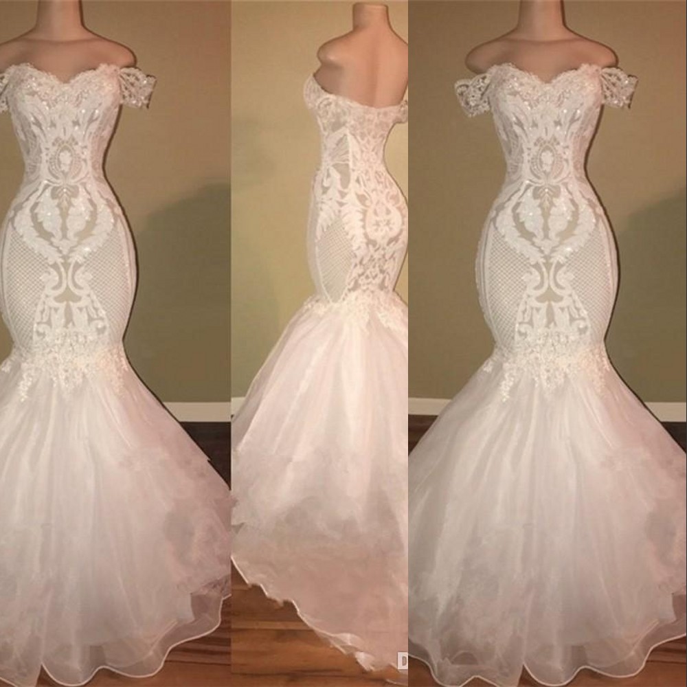 New Sexy Mermaid Wedding Dresses Off Shoulder Lace Appliques Crystal Beads Zipper Back Sweep Train Arabic Plus Size Formal Bridal Gowns