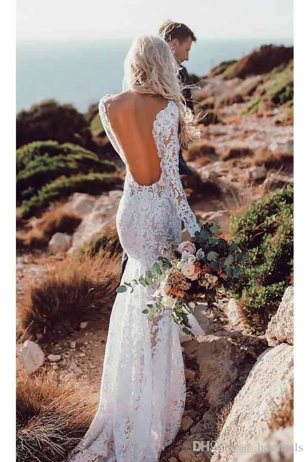 Long Vintage Lace Sleeve Mermaid Dresses Sexy Deep V Neck Backless Wedding Dress Sweep Train Boho Bridal Gowns
