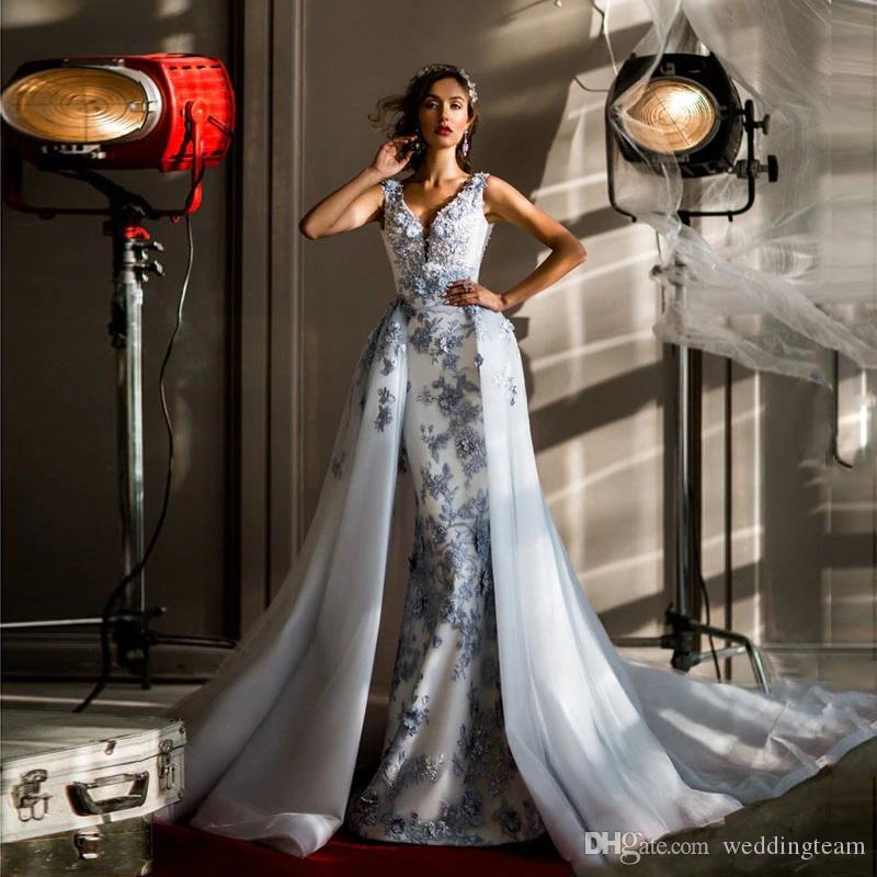 2019 Mermaid Beaded Evening Dresses With Detachable Skirt Plunging Neck 3D Appliqued Prom Gowns Organza Plus Size Formal party Dress