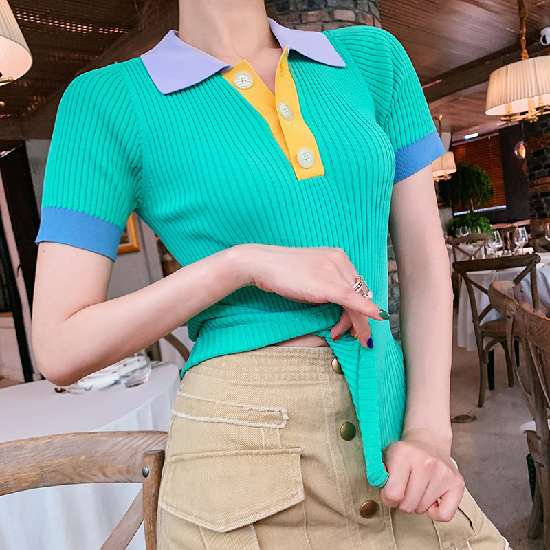 Contrast Color Shirt 2020 New Lapel Short Sleeve Slim T Shirt Women Knitted Slim Tops Contrast Candy Color Shirts Tee, Blue
Contrast Color Shirt 2020 New Lapel Short Sleeve Slim T Shirt Women Knitted Slim Tops Contrast Candy Color Shirts Tee, Blue