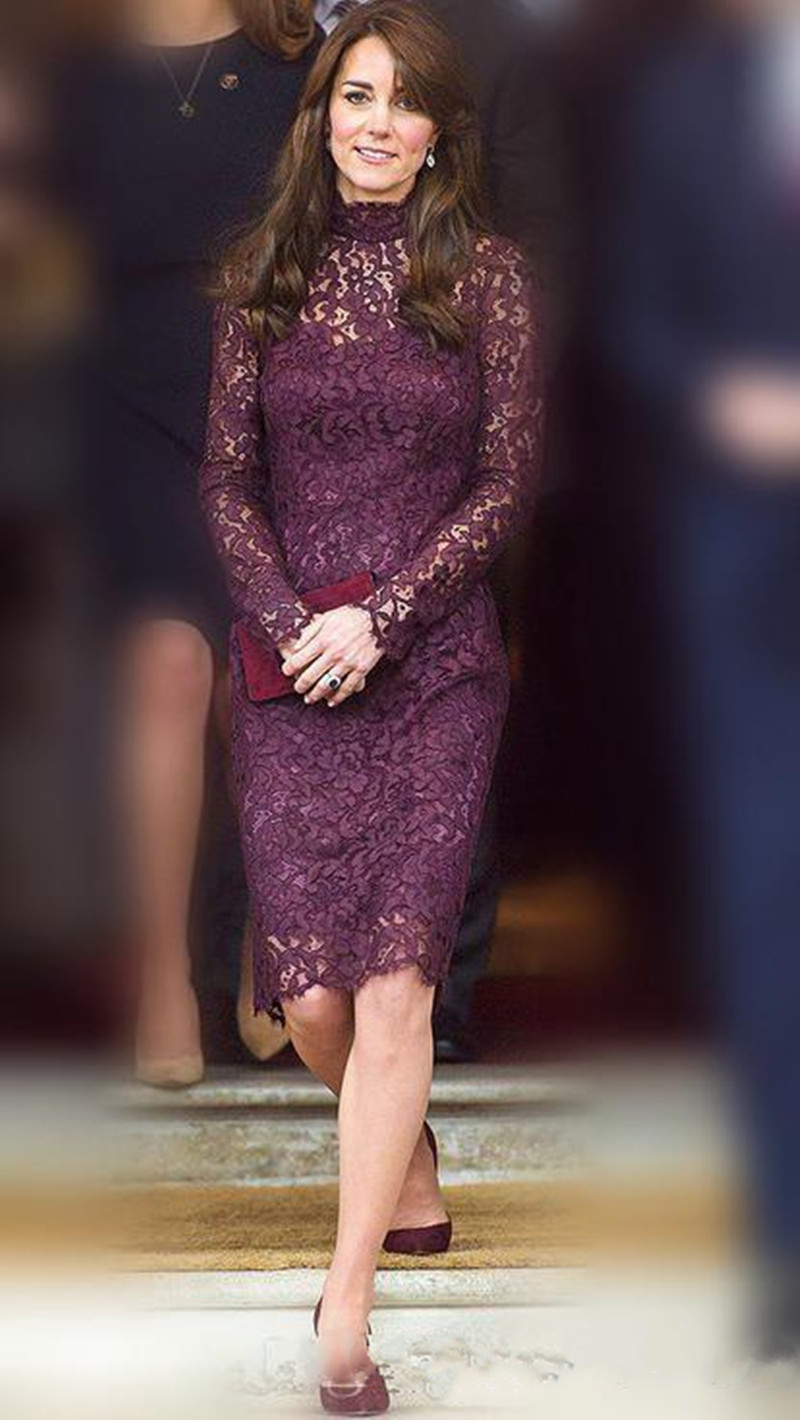 2019 New High Neck Lace Mother Of The Bride Dresses Illusion Sheath Long Sleeves Evening Gowns Zipper Back Knee Length Lace Prom Gowns