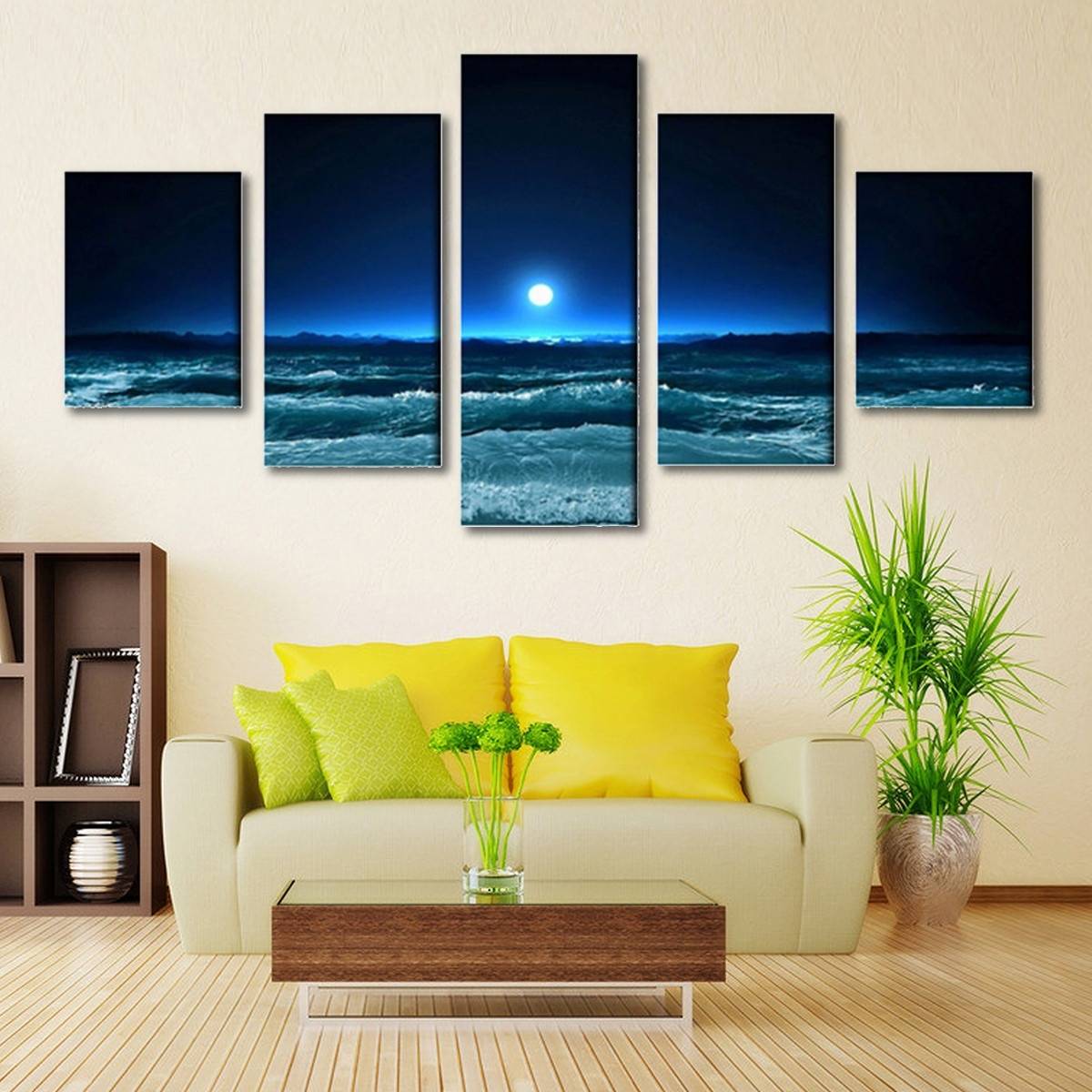 5pcs/set Unframed Moon and Sea Blue Wave Oil Painting On Canvas Wall Art Painting Art Picture For Home and Living Room Decor