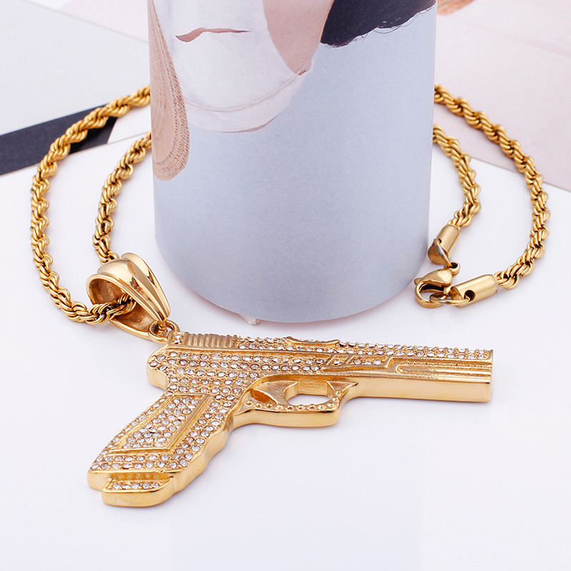 Hip Hop Full Rhinestone Inlay Pendants Necklace Cool Men Fashion 316L Stainless Steel 18K Gold Plated Jewelry