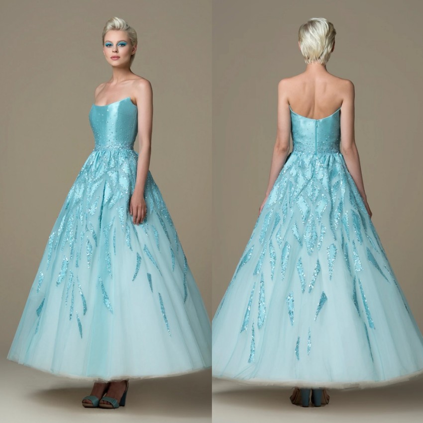 A E Gorgeous Beaded Prom Dresses Strapless Neck Sequined Formal Dress Tulle Ankle Length Appliqued Evening Gowns Nkle Ppliqued