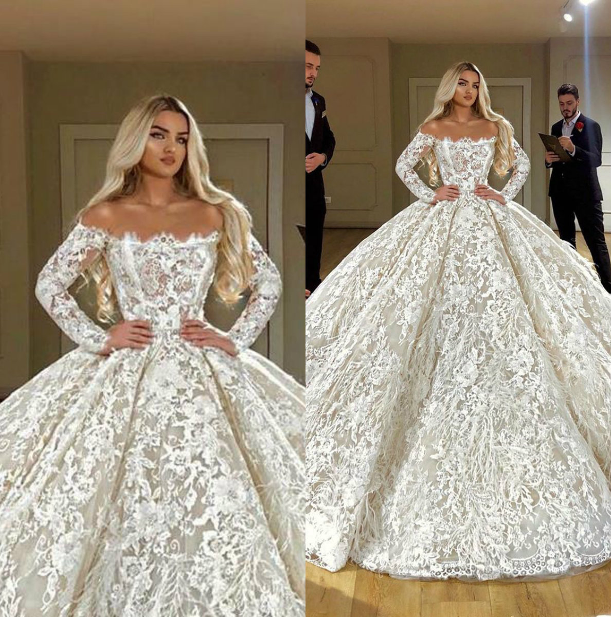 Luxury Lace Ball Gown Wedding Dresses With Feathers Backless Long Sleeve Bridal Gowns Plus Size Dubai Arab Wedding Dress Custom
