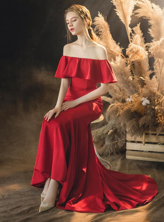Elegant Dark Red Evening Dress Soft Satin New Slim Mermaid Long Banquet Off Shoulder Lace-up Back Formal Prom Dresses In Stock