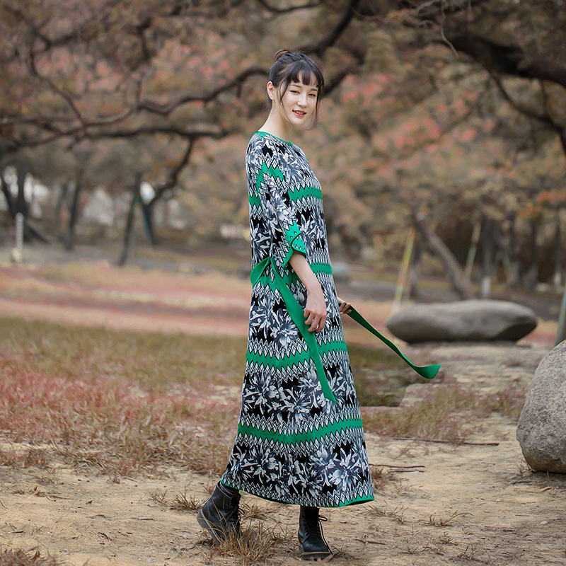 2020 Women Spring Summer Enthnic Clothing Cotton Linen Printed Dress Ladies Vintage Patchwork Retro Robe Dress Female Improve Hanfu