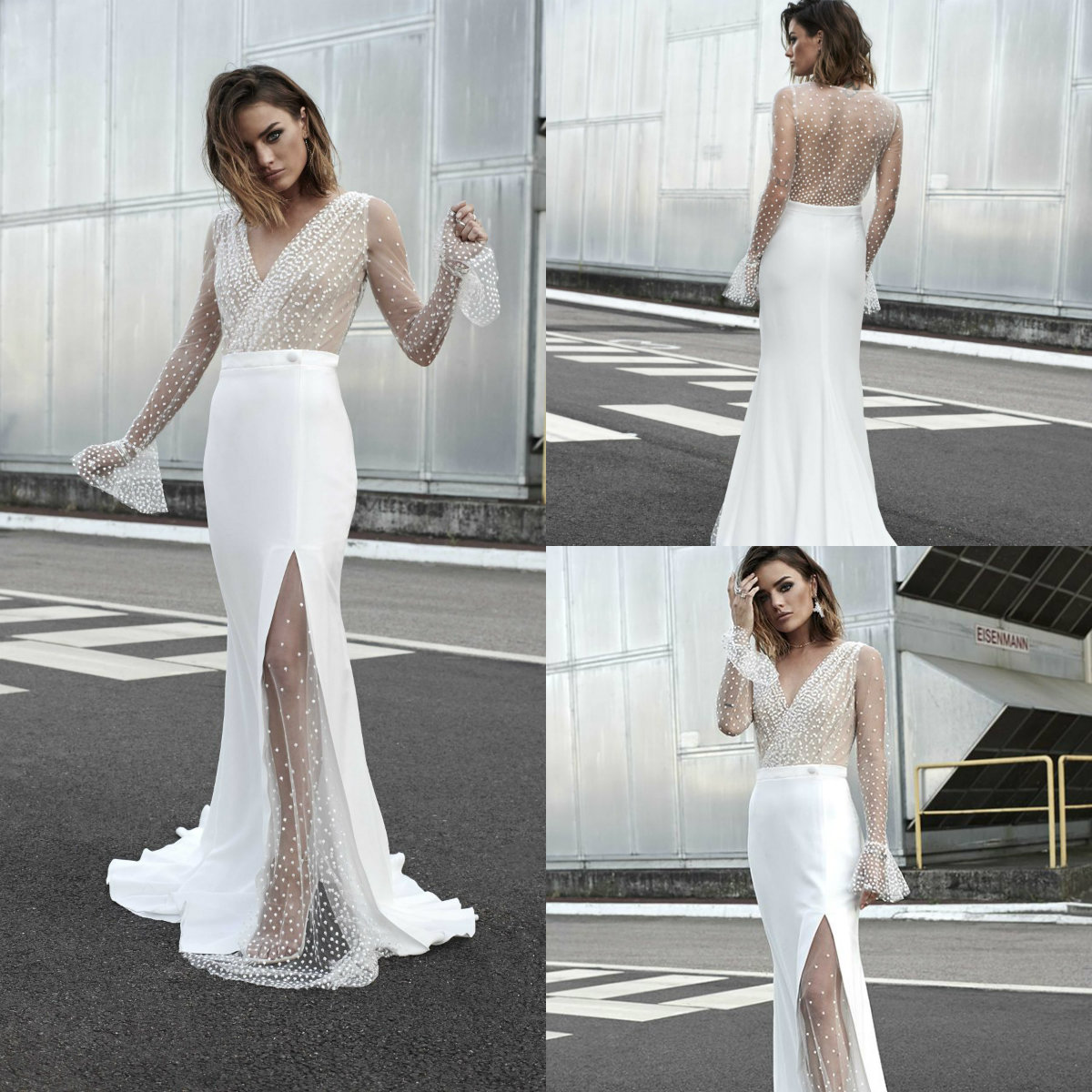 Vintage Country Dresses V Neck Lace With Spot Sweep Train Illusion Bodice Mermaid Wedding Dress Side Split Long Sleeve Bridal Gowns