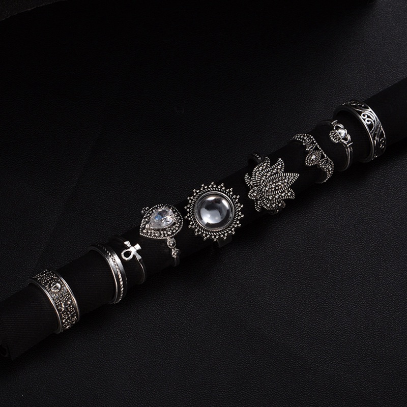 9 pieces of silver vintage ethnic style exaggerated gems combination bohemian stack ring rhinestone joint ring nail ring set for female girl