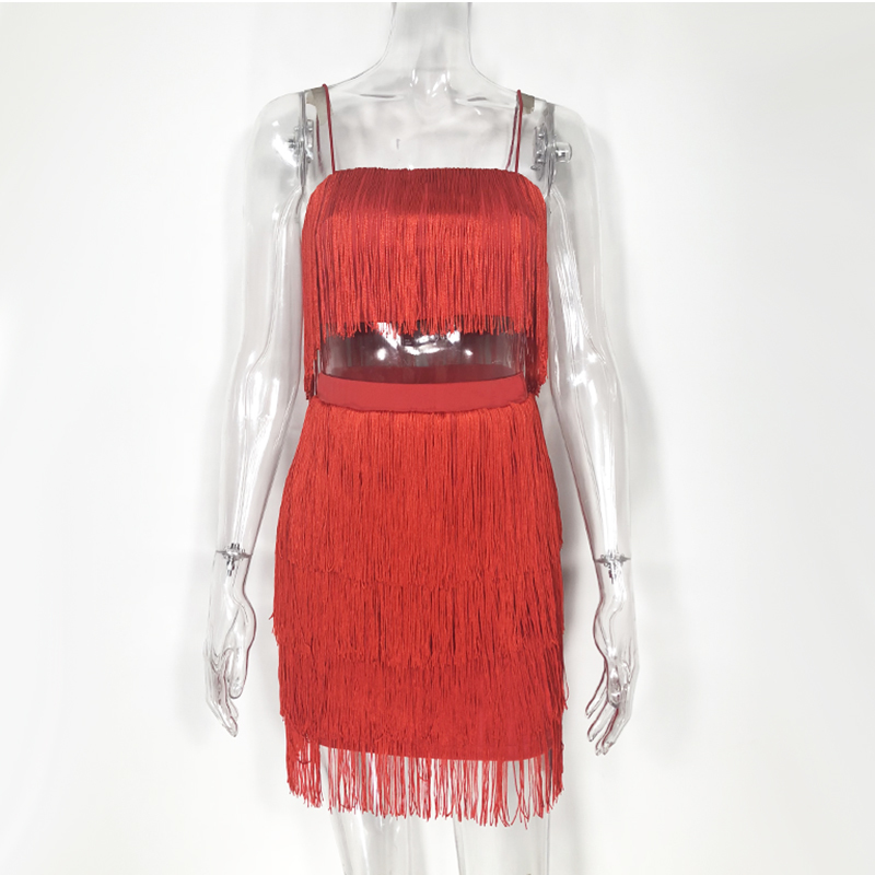 NewAsia Garden Two Piece Set Summer Fringed 2 Piece Set Women Tassel Crop Top And Skirt Set Sexy Outfits For Women Matching Sets