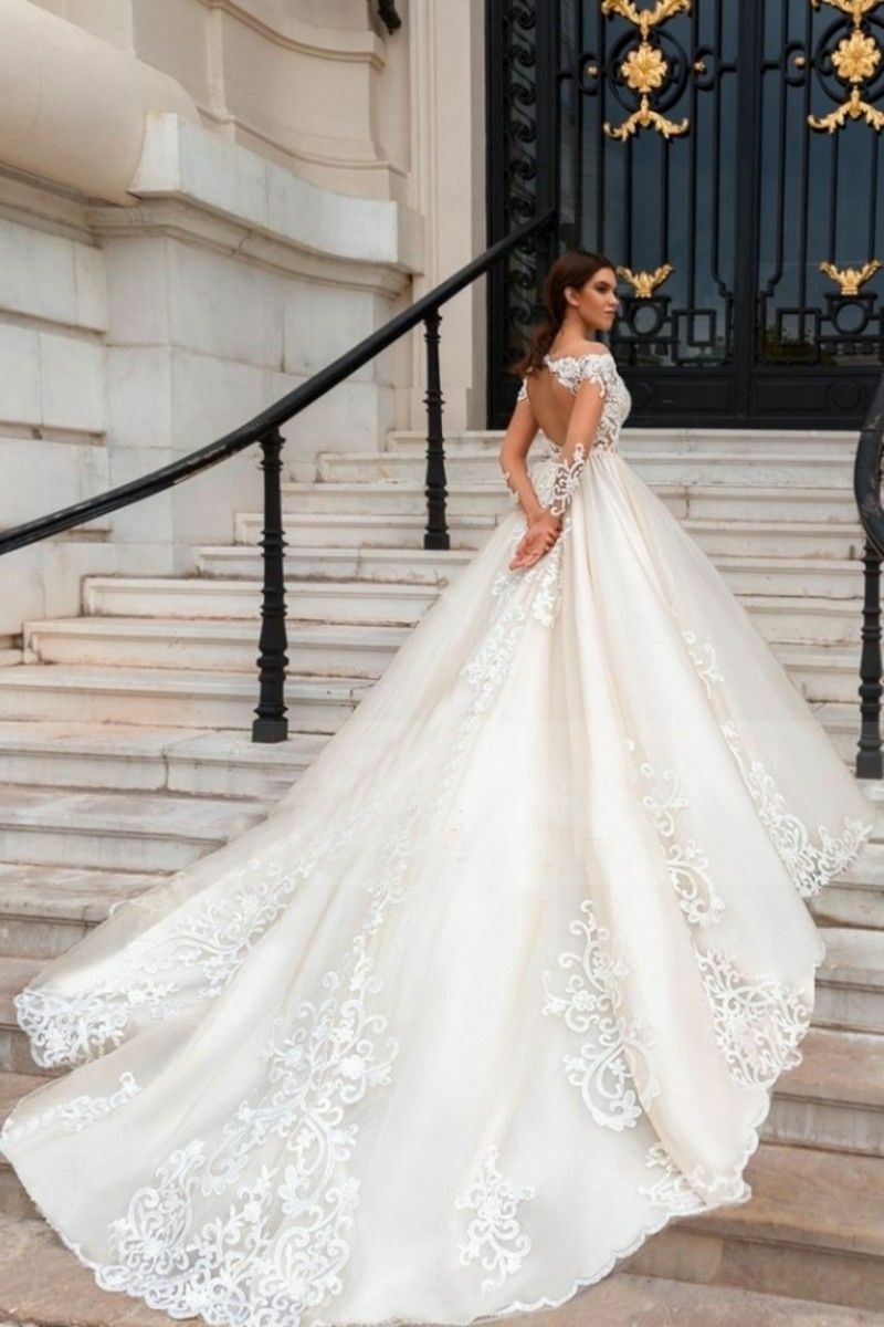 champagne ball gown dresses sheer sweetheart long sleeves bridal gowns lace appliqued tulle wedding dress