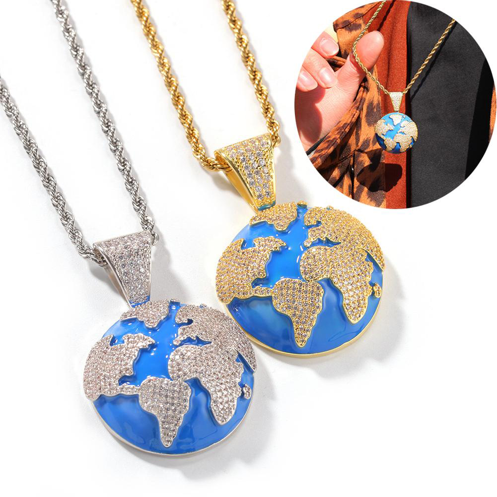 New White Gold Plated Bling Cubic Zirconia Enamel Blue Earth Pendant Mens Womens Necklace Bijoux Hip Hop Rapper Jewelry Gifts for Lovers