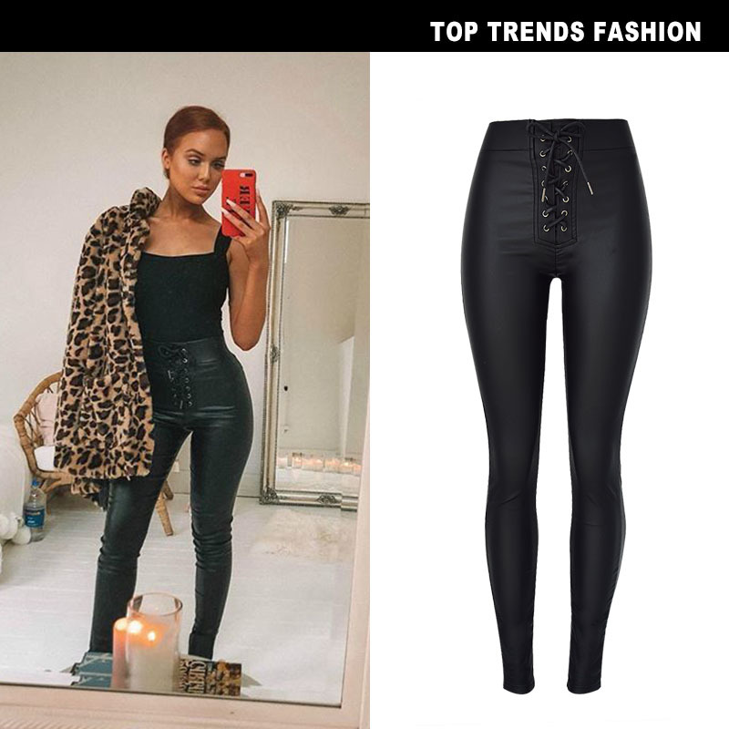 hot sale Lace Up Faux Leather Pants Women Autumn Winter Pencil Pants Woman Pu Leather Trousers Black women pants