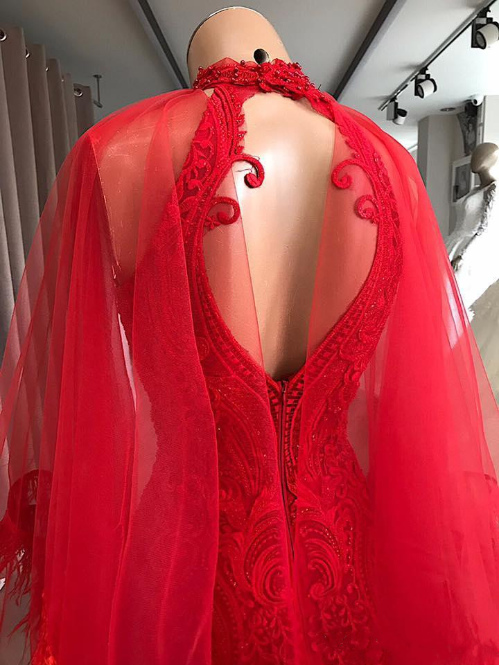 African Red Feather Mermaid Prom Dresses With Wrap High Neck Lace Appliqued Beads Party Gowns Vestidos Special Occasion Dresses Evening Wear
