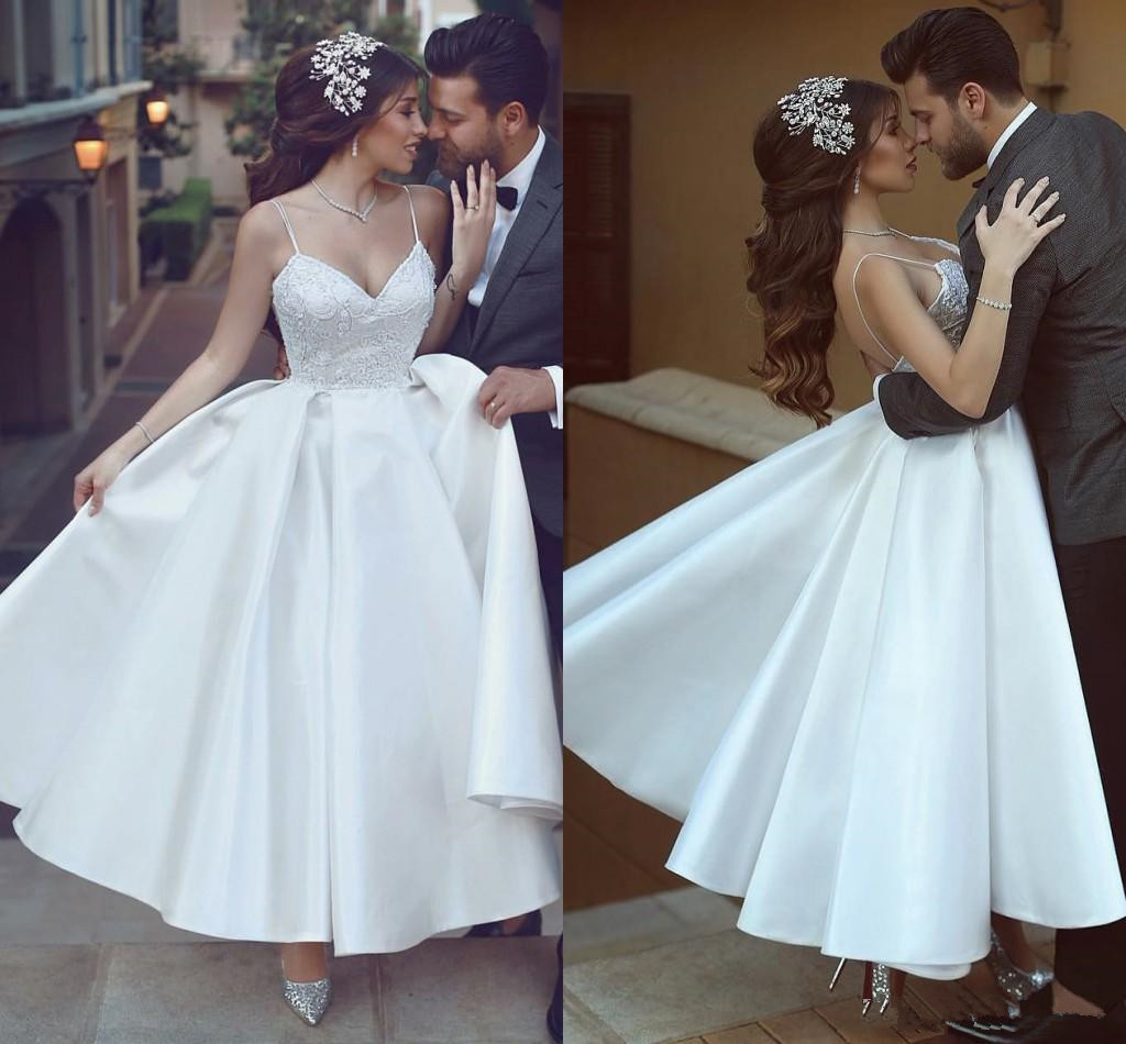 Tea-length Beach Wedding Dresses Sexy Spaghetti Backless Simple Lace Stain Summer Holiday Seaside Bridal Short Wedding Gown 2019