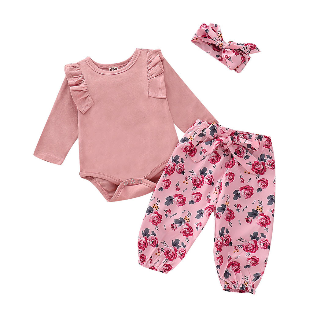 Baby Girls Clothes Set 3PCs Solid Jumpsuit Romper+Floral Print Pants+Headband Outfits roupas infantis menina costume for