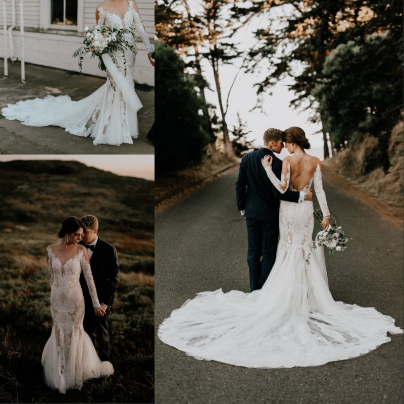 Fabulous Court Train Bohemian Mermaid Wedding Dresses Crew Neck Sheer Long Sleeve Delicate Lace Backless Bridal Gowns, Ivory
Fabulous Court Train Bohemian Mermaid Wedding Dresses Crew Neck Sheer Long Sleeve Delicate Lace Backless Bridal Gowns, Ivory