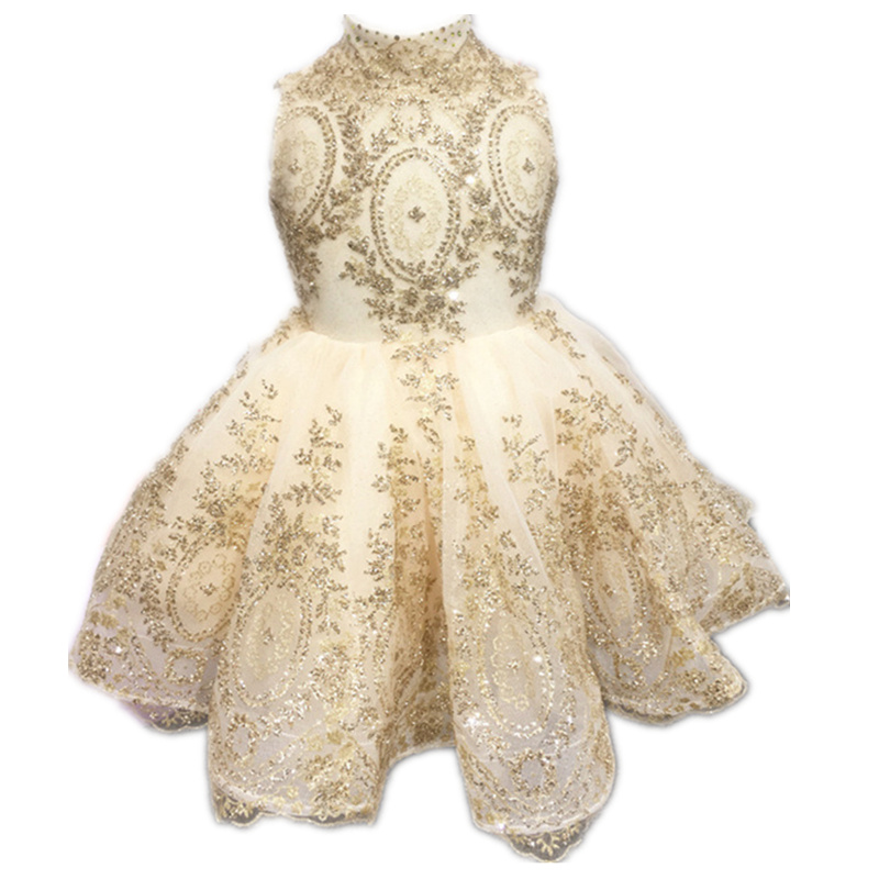 Stunning Champagne Flower Girls Dresses Ball Gown Soft Tulle with Gold Applique Girl's Party Dresses Zipper Back Ball Gown