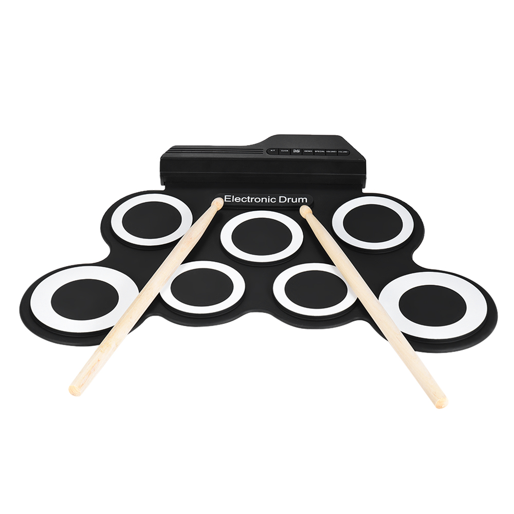 Portable Electronic Drum Digital USB 7 Pads Roll Drum Set Silicone Electric Drum Pillow Kit with Drumsticks Foot Pedal