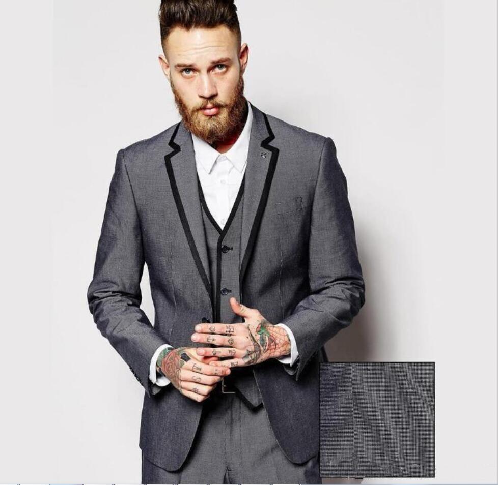 Two Buttons Dark Grey Mens Suits Groom Tuxedos Peak Lapel Groomsmen Mens Wedding Tuxedos Prom Suits (Jacket+Pants+Vest)
